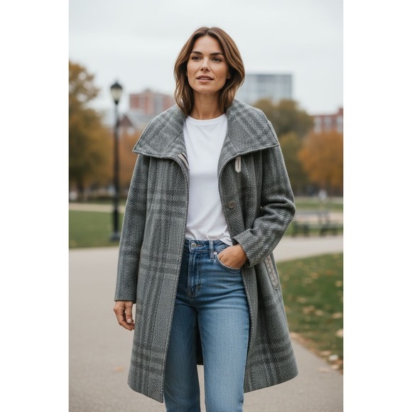 Mackage Womens Wool Button Down Leather Trim Coat Size XS Green Gray - Picture 1 of 16